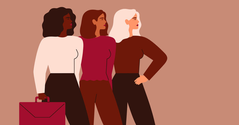 Confident businesswomen stand together. Strong females entrepreneurs support each other.